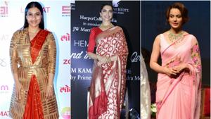 Actors like Kajol, Deepika Padukone and Kangana Ranaut are giving us major fashion inspiration in sarees.(HT Photo/Yogen Shah) Actors like Kajol, Deepika Padukone and Kangana Ranaut are giving us major fashion inspiration in sarees.(HT Photo/Yogen Shah)