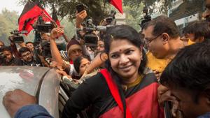 DMK MP Kanimozhi after she was acquitted by a special court in the 2G scam case, in New Delhi on Thursday.(PTI Photo) DMK MP Kanimozhi after she was acquitted by a special court in the 2G scam case, in New Delhi on Thursday.(PTI Photo)