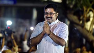 Sidelined AIADMK leader TTV Dhinakaran after winning the RK Nagar bypoll, in Chennai on Sunday.(PTI) Sidelined AIADMK leader TTV Dhinakaran after winning the RK Nagar bypoll, in Chennai on Sunday.(PTI)