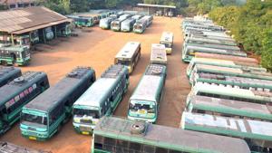 Buses remain parked at the depot following a flash strike by Tamil Nadu State Transport Corporation (TNSTC) employees, in Madurai on Friday.(PTI Photo) Buses remain parked at the depot following a flash strike by Tamil Nadu State Transport Corporation (TNSTC) employees, in Madurai on Friday.(PTI Photo)