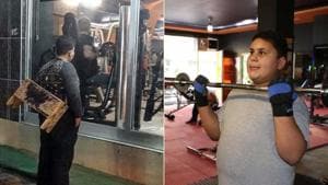 (L) Muhammet Halit looking longingly through the glass walls of the gym; (R) Halit trying out his hand at the equipment.(Mahir Alan)