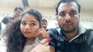 Juhi Joshi with husband Bharat Soni.(HT Photo) Juhi Joshi with husband Bharat Soni.(HT Photo)