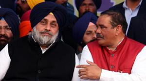 SAD president and former deputy CM of Pujab, Sukhbir Singh Badal (left) and Punjab BJP president Vijay Sampla during SAD’s conference at the annual Maghi Mela in Muktsar on Sunday.(Sanjeev Kumar/HT) SAD president and former deputy CM of Pujab, Sukhbir Singh Badal (left) and Punjab BJP president Vijay Sampla during SAD’s conference at the annual Maghi Mela in Muktsar on Sunday.(Sanjeev Kumar/HT)