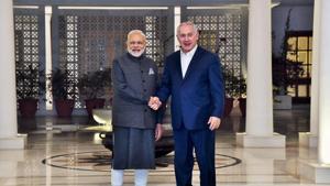 Prime Minister Narendra Modi with his Israeli counterpart Benjamin Netanyahu in New Delhi on Sunday.(PTI) Prime Minister Narendra Modi with his Israeli counterpart Benjamin Netanyahu in New Delhi on Sunday.(PTI)