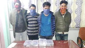 The four arrested gangsters, including Harsimrandeep Singh Simma, in Dehradun.(HT Photo) The four arrested gangsters, including Harsimrandeep Singh Simma, in Dehradun.(HT Photo)