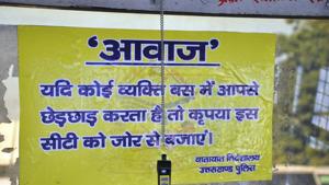 Around 1,800 whistles are being installed in city buses, with stickers urging women passengers to blow it if they are harassed on a moving bus.(Vinay Santosh Kumar/HT Photo) Around 1,800 whistles are being installed in city buses, with stickers urging women passengers to blow it if they are harassed on a moving bus.(Vinay Santosh Kumar/HT Photo)