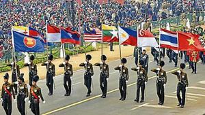 Army personnel carrying the national flags of ASEAN countries pass through the saluting base at Rajpath during the full dress rehearsal for the Republic Day Parade in New Delhi on Tuesday.(Mohd Zakir/HT) Army personnel carrying the national flags of ASEAN countries pass through the saluting base at Rajpath during the full dress rehearsal for the Republic Day Parade in New Delhi on Tuesday.(Mohd Zakir/HT)
