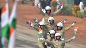 New Delhi: BSF's all-women team 'Seema Bhawani' performs on motorcycles during 69th Republic Day Parade at Rajpath in New Delhi on Friday(PTI) New Delhi: BSF's all-women team 'Seema Bhawani' performs on motorcycles during 69th Republic Day Parade at Rajpath in New Delhi on Friday(PTI)