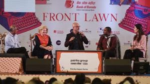 Author Abubakar Adam Ibrahim (centre) in conversation with Charmaine Craig (right), Jeet Thayil (centre) and Linda Spalding (second from left) and Pico Iyer during the session titled The Empire Writes Back at the Jaipur Literature Festival on Friday.(Raj K Raj/HT PHOTO)