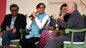From left: Swapan Dasgupta, Shashi Tharoor, Amrita Tripathi and Philip Normal during a session titled The Wodehouse Effect at the Jaipur Literature Festival.(Raj K Raj/HT PHOTO)