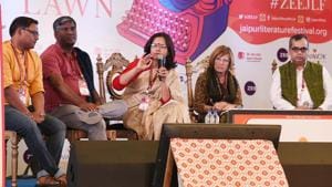 The session on Hindi, titled Hindi medium: Language and elitism, was attended by Annie Montaut, Avinash Das, Satyanand Nirupam, Satya Vyas and Vineet Kumar at the Jaipur Literature Festival on Monday.(Raj K Raj/HT PHOTO)