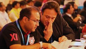 Virender Sehwag (L) and Ness Wadia in deep discussion during day 2 of the Indian Premier League (IPL) auction in Bangalore on the 27th January 2018.(IPL / SPORTZPICS) Virender Sehwag (L) and Ness Wadia in deep discussion during day 2 of the Indian Premier League (IPL) auction in Bangalore on the 27th January 2018.(IPL / SPORTZPICS)