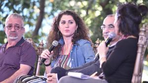 From left: Rabih Alameddine, Alia Malek and Raja Shahdehah in conversation with Susan Abulhawa during the session Writing the Arab World at the Jaipur Literature Festival on Monday.(Raj K Raj/HT PHOTO)