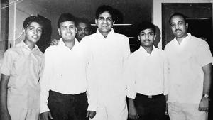 Haji Zahooruddin (extreme right) with Bollywood star Dilip Kumar.(Image courtesy Zain-al-Abedin,Zaeemuddin Ahmed and family))