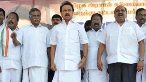 DMK working president MK Stalin and CPI State Secretary R Mutharasan along with other officials during a recent demonstration in Chennai.(PTI) DMK working president MK Stalin and CPI State Secretary R Mutharasan along with other officials during a recent demonstration in Chennai.(PTI)