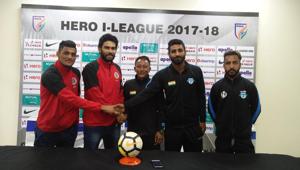 Minerva Punjab and East Bengal coaches and players during the pre-match press conference ahead of their I-League clash in Panchkula on Monday.(AIFF) Minerva Punjab and East Bengal coaches and players during the pre-match press conference ahead of their I-League clash in Panchkula on Monday.(AIFF)