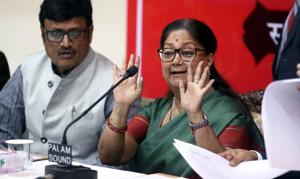 The BJP’s mascot in the twin Rajasthan elections was not Narendra Modi but the state chief minister Vasundhara Raje.(Himanshu Vyas) The BJP’s mascot in the twin Rajasthan elections was not Narendra Modi but the state chief minister Vasundhara Raje.(Himanshu Vyas)