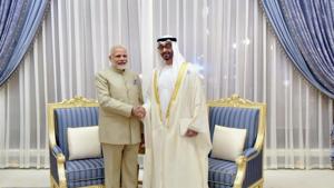 Prime Minister Narendra Modi and the Crown Prince of Abu Dhabi, deputy supreme commander of UAE armed forces, General Sheikh Mohammed Bin Zayed Al Nahyan, at Presidential Palace in Abu Dhabi, United Arab Emirates, on Saturday.(PTI file) Prime Minister Narendra Modi and the Crown Prince of Abu Dhabi, deputy supreme commander of UAE armed forces, General Sheikh Mohammed Bin Zayed Al Nahyan, at Presidential Palace in Abu Dhabi, United Arab Emirates, on Saturday.(PTI file)