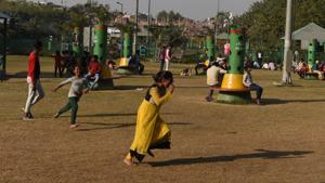 Children play at the Govindpuri Park in New Delhi. The SDMC trimmed the hedges at the park for a clear view inside and installed open gyms, play areas for children and gazebos to increase footfall.(Vipin Kumar/HT PHOTO) Children play at the Govindpuri Park in New Delhi. The SDMC trimmed the hedges at the park for a clear view inside and installed open gyms, play areas for children and gazebos to increase footfall.(Vipin Kumar/HT PHOTO)