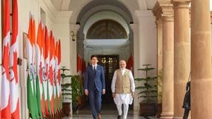 Prime Minister Narendra Modi with his Canadian counterpart Justin Trudeau before their meeting at Hyderabad House in New Delhi on Friday.(PTI) Prime Minister Narendra Modi with his Canadian counterpart Justin Trudeau before their meeting at Hyderabad House in New Delhi on Friday.(PTI)