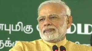 PM Modi addresses a gathering at the launch of a scheme to provide subsidised two-wheelers to working women, in Chennai on Saturday.(ANI Photo/Twitter)