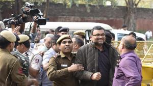 Karti Chidambaram, son of former finance minister P Chidambaram was produced by the CBI at Patiala house Court in connection with its probe in the INX media case in New Delhi on Wednesday.(HT PHOTO)