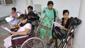 Disabled students at a job fair in Chandigarh. The World Bank estimates that 15% of the world’s population is affected by one disability or another. According to the 2011 Census, the number of disabled in India stands at 2.68 crore, or 2.21 per cent of the population.(Karun Sharma/Hindustan Times) Disabled students at a job fair in Chandigarh. The World Bank estimates that 15% of the world’s population is affected by one disability or another. According to the 2011 Census, the number of disabled in India stands at 2.68 crore, or 2.21 per cent of the population.(Karun Sharma/Hindustan Times)