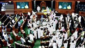 Lok Sabha Speaker Sumitra Mahajan adjourns the House as MPs gather near the well of Parliament over various issues, in New Delhi on Wednesday.(PTI Photo / TV Grab) Lok Sabha Speaker Sumitra Mahajan adjourns the House as MPs gather near the well of Parliament over various issues, in New Delhi on Wednesday.(PTI Photo / TV Grab)