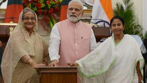 Bangladeshi Prime Minister Sheikh Hasina, Indian Prime Minister Narendra Modi and Chief Minister of West Bengal Mamata Banerjee at an event in New Delhi, April 8, 2017.(HT File Photo) Bangladeshi Prime Minister Sheikh Hasina, Indian Prime Minister Narendra Modi and Chief Minister of West Bengal Mamata Banerjee at an event in New Delhi, April 8, 2017.(HT File Photo)