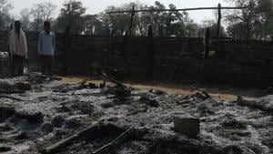 The burnt remains of a semi-permanent forest post at Lathawar that suspected Maoists torched on March 2.(HT Photo) The burnt remains of a semi-permanent forest post at Lathawar that suspected Maoists torched on March 2.(HT Photo)