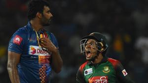 Bangladesh cricketer Mushfiqur Rahim celebrates his team's five wicket victory over Sri Lanka after the third T20 cricket match of the tri-nation Nidahas Trophy at the R. Premadasa stadium in Colombo on March Sunday.(AFP) Bangladesh cricketer Mushfiqur Rahim celebrates his team's five wicket victory over Sri Lanka after the third T20 cricket match of the tri-nation Nidahas Trophy at the R. Premadasa stadium in Colombo on March Sunday.(AFP)