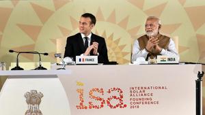 Prime Minister Narendra Modi and French President Emmanuel Macron at the International Solar Alliance Founding Conference in New Delhi on March 11.(PTI Photo) Prime Minister Narendra Modi and French President Emmanuel Macron at the International Solar Alliance Founding Conference in New Delhi on March 11.(PTI Photo)