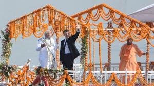 Prime Minister Narendra Modi, French President Emmanuel Macron and UP chief minister Yogi Adityanath enjoying boat ride in the Ganga in Varanasi on Monday.(HT Photo) Prime Minister Narendra Modi, French President Emmanuel Macron and UP chief minister Yogi Adityanath enjoying boat ride in the Ganga in Varanasi on Monday.(HT Photo)