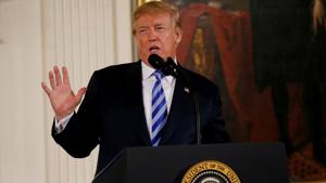 US President Donald Trump talks about banning devices that can be attached to semiautomatic guns to make them automatic, during a Public Safety Medal of Valor Awards Ceremony at the White House in Washington on February 20.(REUTERS) US President Donald Trump talks about banning devices that can be attached to semiautomatic guns to make them automatic, during a Public Safety Medal of Valor Awards Ceremony at the White House in Washington on February 20.(REUTERS)