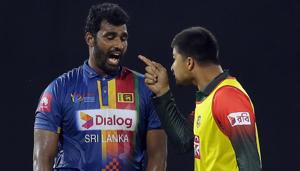 Bangladesh's Nurul Hasan, right, exchanges words with Sri Lanka's skipper Thisara Perera during their second Twenty20 cricket match in Nidahas Trophy T20 tri-series in Colombo.(AP) Bangladesh's Nurul Hasan, right, exchanges words with Sri Lanka's skipper Thisara Perera during their second Twenty20 cricket match in Nidahas Trophy T20 tri-series in Colombo.(AP)