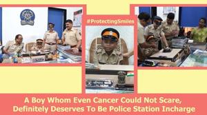 In a photo tweeted by Mumbai Police, the boy is seen dressed in the khaki uniform and sitting on a chair while a few policemen huddle him around and offer him a piece of cake.(Mumbai Police/Twitter) In a photo tweeted by Mumbai Police, the boy is seen dressed in the khaki uniform and sitting on a chair while a few policemen huddle him around and offer him a piece of cake.(Mumbai Police/Twitter)