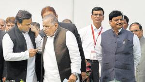 Cracks had emerged in ties between Shivpal (far right) and Akhilesh (left) in August 2016, when a power struggle broke out in the family.(PTI File) Cracks had emerged in ties between Shivpal (far right) and Akhilesh (left) in August 2016, when a power struggle broke out in the family.(PTI File)