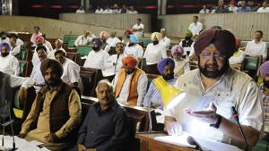 Punjab chief minister Captain Amarinder Singh speaking on the motion of thanks on the governor’s address at the Punjab assembly on Tuesday.(HT Photo)