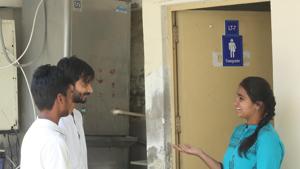 Bhaskaracharya College of Applied Sciences, DU, has a transgender-friendly washroom.(Photo: Manoj Verma/HT)