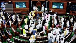 Opposition members protest during the ongoing Budget Session of Parliament in the Lok Sabha on Monday.(PTI Photo) Opposition members protest during the ongoing Budget Session of Parliament in the Lok Sabha on Monday.(PTI Photo)