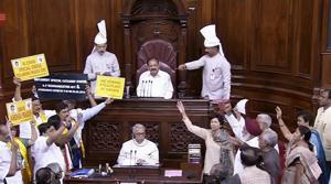 Opposition members protest during the on-going Budget Session of Rajya Sabha, at Parliament House in New Delhi on Friday.(PTI Photo) Opposition members protest during the on-going Budget Session of Rajya Sabha, at Parliament House in New Delhi on Friday.(PTI Photo)