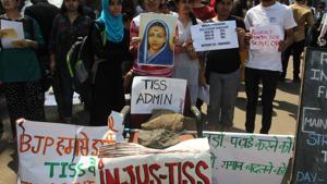 Mumbai, India - Mar. 05, 2018: TISS students protest in front of the institute’s main gate in Deonar Mumbai ,India, on Monday, March 05, 2018. (Photo by Praful Gangurde/ Hindustan Times) Mumbai, India - Mar. 05, 2018: TISS students protest in front of the institute’s main gate in Deonar Mumbai ,India, on Monday, March 05, 2018. (Photo by Praful Gangurde/ Hindustan Times)