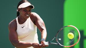 Sloane Stephens plays a backhand against Angelique Kerber during their Miami Open encounter on Tuesday.(AFP)