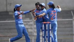 File image of players of India women’s cricket team celebrating the fall of a wicket during a match.(AP)