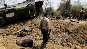 Security personnel inspect the site of an IED blast where nine CRPF personnel were killed and two more were injured after Maoists ambushed them in Kistaram area of Chhattisgarh’s Sukma district on March 13, 2018. The government has been trying to build roads in the region to limit access of Maoists to potential recruits.(PTI File Photo) Security personnel inspect the site of an IED blast where nine CRPF personnel were killed and two more were injured after Maoists ambushed them in Kistaram area of Chhattisgarh’s Sukma district on March 13, 2018. The government has been trying to build roads in the region to limit access of Maoists to potential recruits.(PTI File Photo)