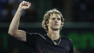 Alexander Zverev celebrates after his straight sets victory against Borna Coric at the Miami Open tennis tournament.(AFP)