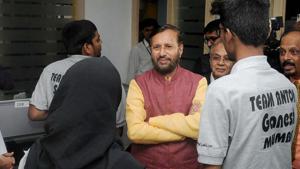 Union HRD minister Prakash Javadekar at the inauguration of Smart India Hackathon 2018, in New Delhi on March 30.(PTI Photo)