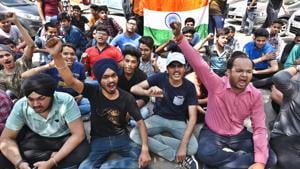 Students protest against alleged paper leak outside the Central Board of Secondary Education (CBSE) office at Preet Vihar in New Delhi on Saturday.(Raj K Raj/HT PHOTO) Students protest against alleged paper leak outside the Central Board of Secondary Education (CBSE) office at Preet Vihar in New Delhi on Saturday.(Raj K Raj/HT PHOTO)