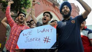 Students stage a protest against the Central Board of Secondary Education (CBSE) move to conduct re-examination of the mathematics paper, in Amritsar on Saturday.(PTI) Students stage a protest against the Central Board of Secondary Education (CBSE) move to conduct re-examination of the mathematics paper, in Amritsar on Saturday.(PTI)