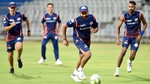 Mumbai Indians players during a practice session ahead of IPL 2018 at Wankhede Stadium in Mumbai on Sunday.(PTI) Mumbai Indians players during a practice session ahead of IPL 2018 at Wankhede Stadium in Mumbai on Sunday.(PTI)
